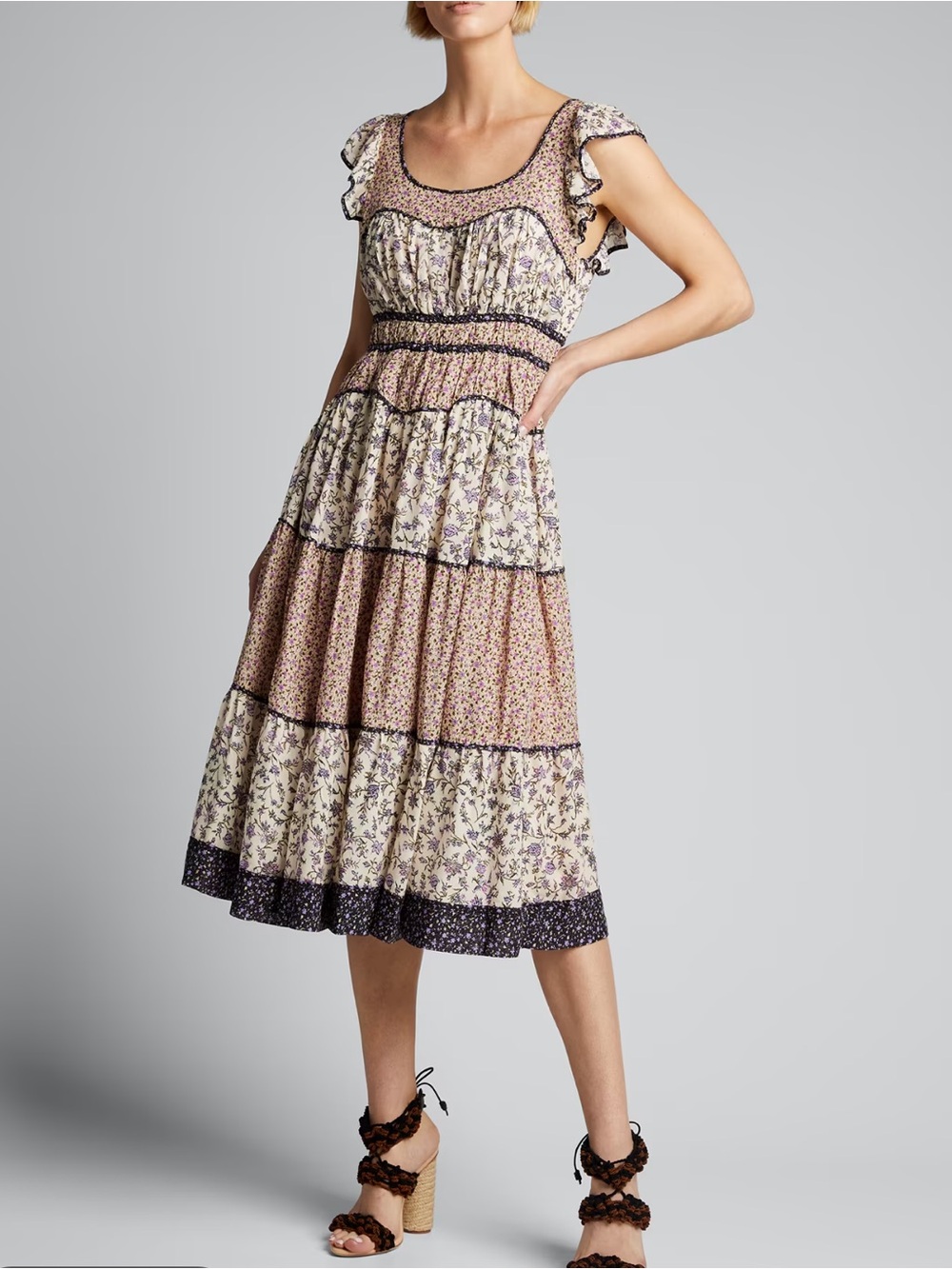 NWOT Ulla Johnson Women’s Odelia Purple And Cream Floral Midi Dress, Size 2